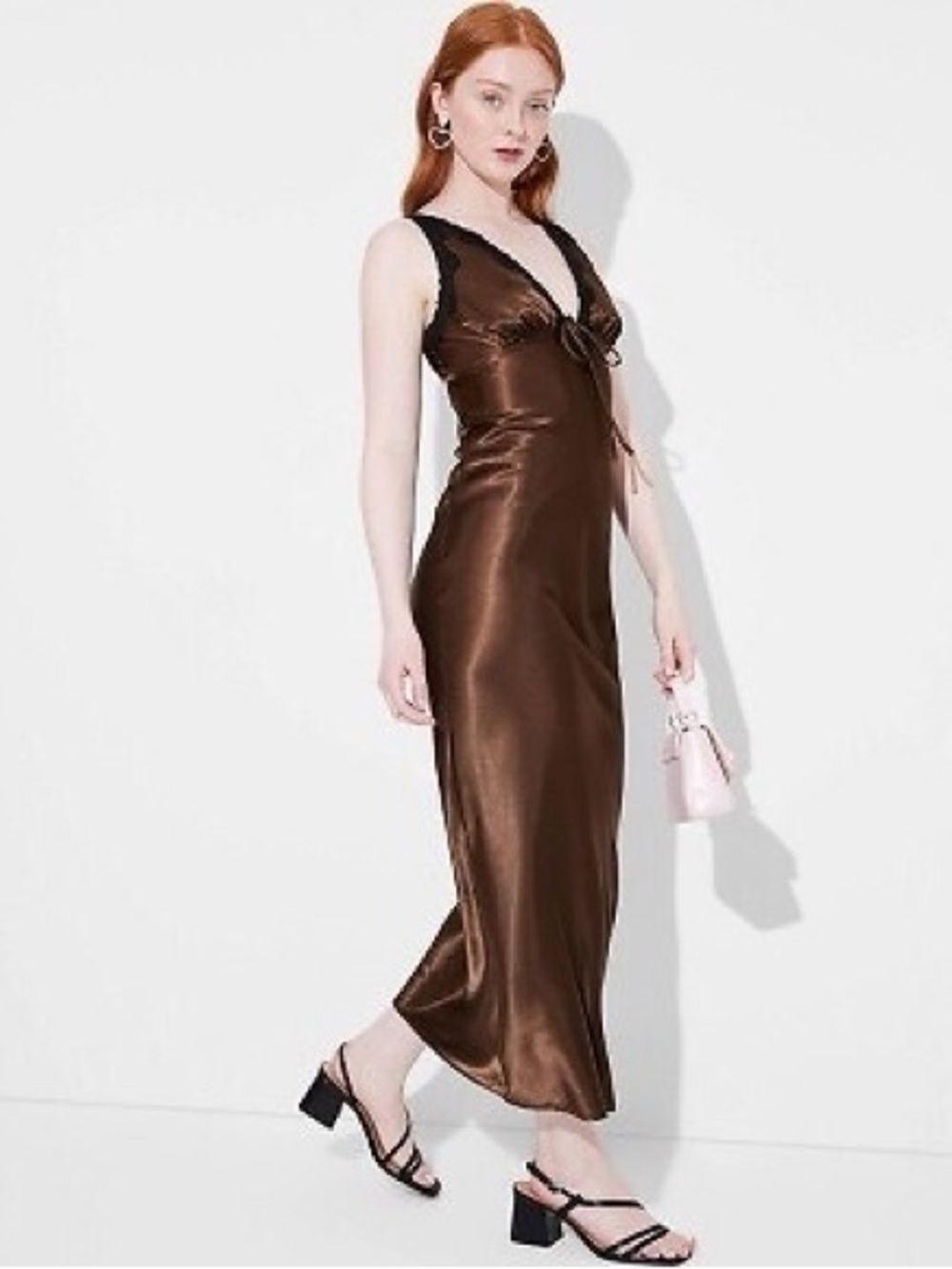 Satin Brown Slip Dress with Lace Trim wild fable large